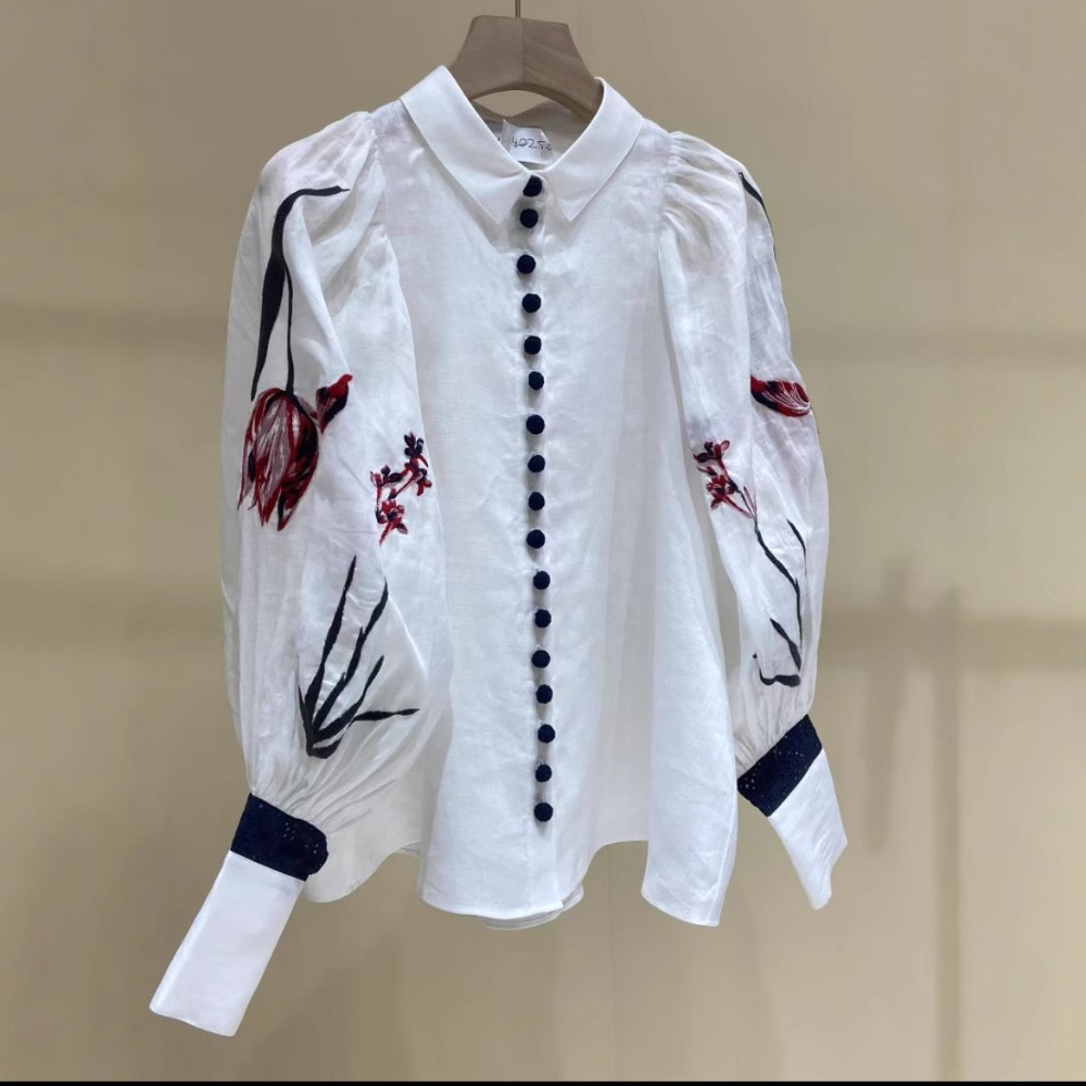 亞麻薴麻刺繡花卉長袖襯衫長裙套裝-規格圖9