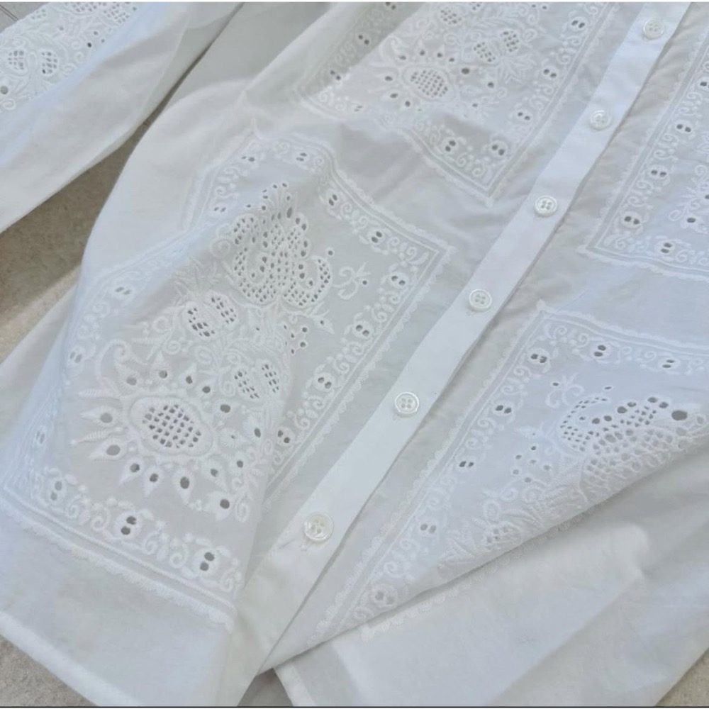 法式復古蕾絲鏤空長袖襯衫-細節圖5
