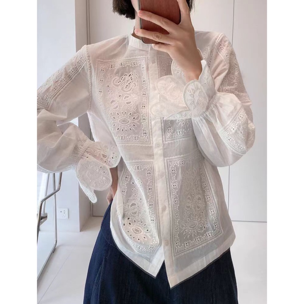 法式復古蕾絲鏤空長袖襯衫-規格圖7