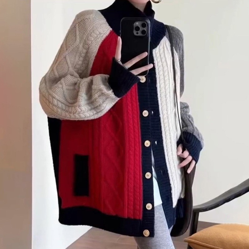 韓系撞色麻花針織羊毛外套-細節圖2