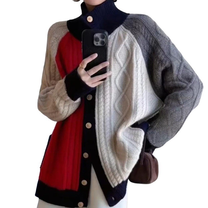 韓系撞色麻花針織羊毛外套-細節圖5