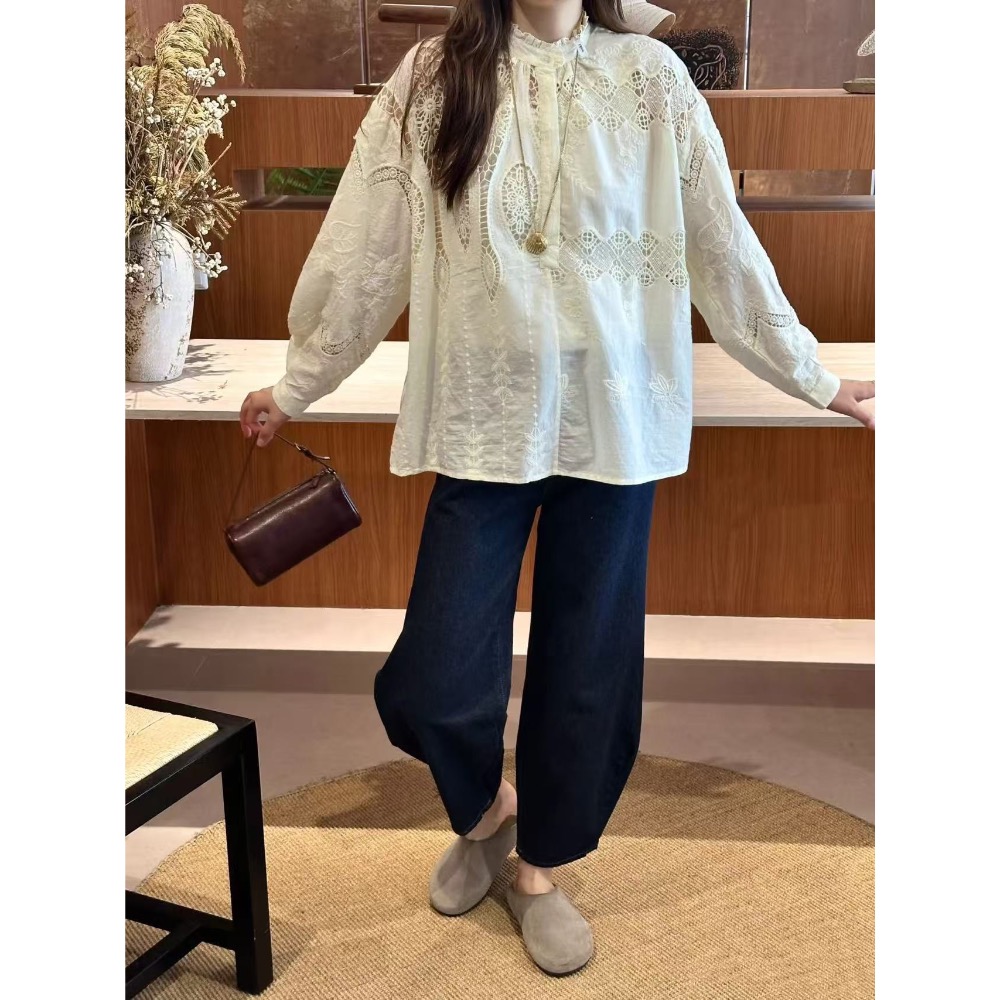 法式復古鏤空刺繡泡泡袖襯衫-細節圖2