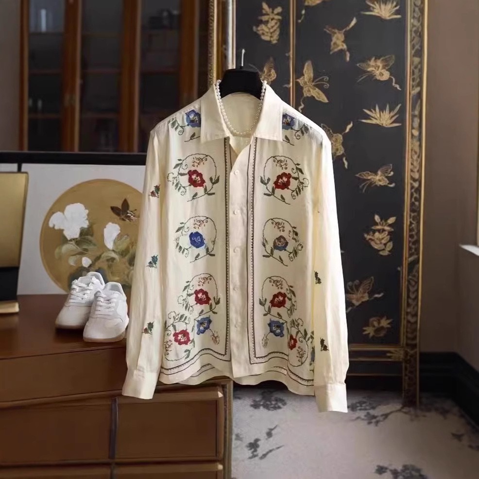 歐美輕奢花卉十字繡典雅襯衫-規格圖6