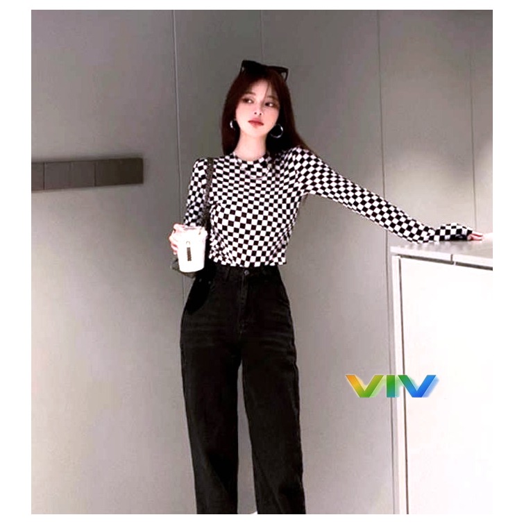 【viv】🇹🇼復古黑白格子小高領長袖上衣/ 短版好看性感顯瘦棉T/棋盤格美式上衣-細節圖5