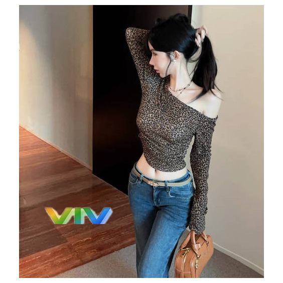 【viv】🇹🇼豹紋斜肩上衣/ 短版長袖豹好看/動物紋 性感顯瘦棉T 美式復古設計感小心機-細節圖7