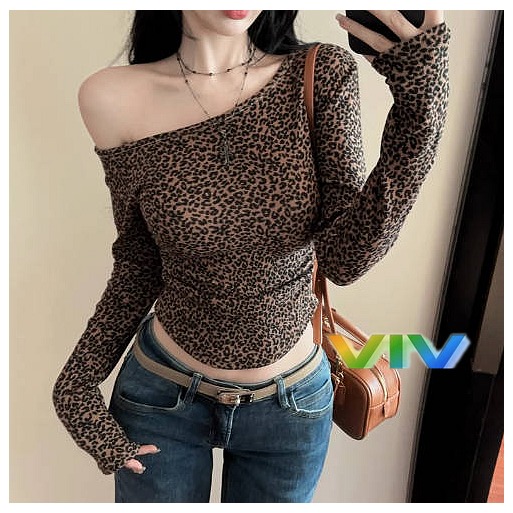 【viv】🇹🇼豹紋斜肩上衣/ 短版長袖豹好看/動物紋 性感顯瘦棉T 美式復古設計感小心機-細節圖8
