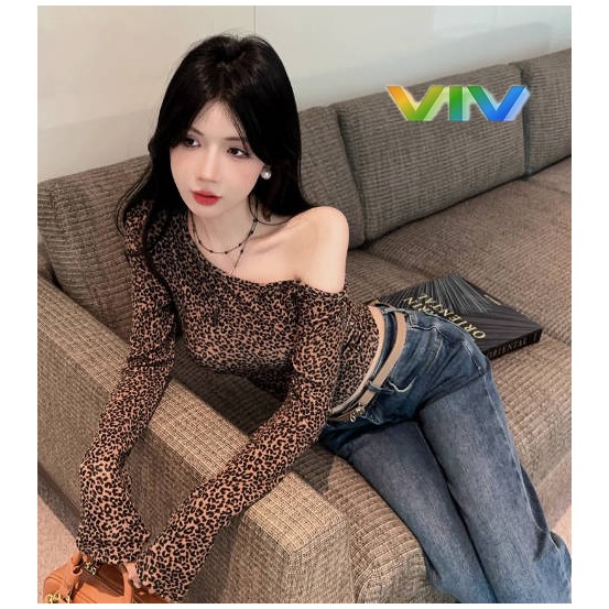【viv】🇹🇼豹紋斜肩上衣/ 短版長袖豹好看/動物紋 性感顯瘦棉T 美式復古設計感小心機-細節圖9