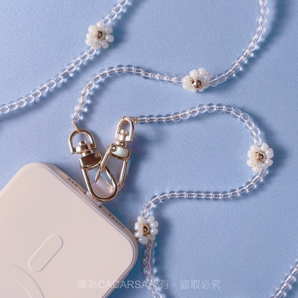 ☆現貨☆日系小花 串珠造型 手機掛鍊 (贈手機墊片) 白色小花 手機鍊 日系手機繩 手機掛鍊 斜背帶 包包背帶 手機鍊-細節圖3