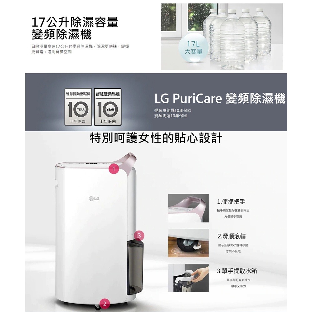 可退稅1200【現貨】 LG 樂金 17公升除濕機 MD171QSE0 PuriCare™ 雙變頻除濕機 _晶鑽銀-細節圖7