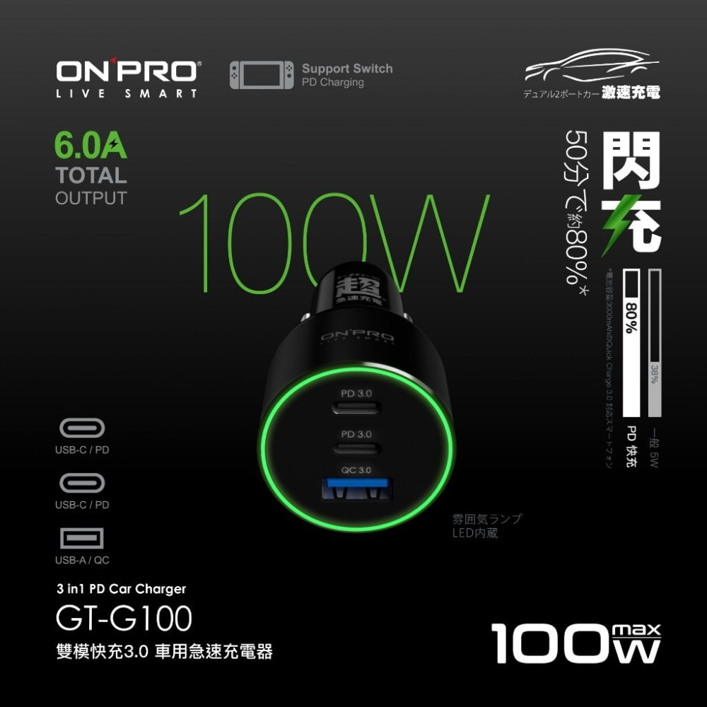 【ONPRO】GT-G100雙模式快充PD+QC3.0 100W 急速車用充電器 車充 充電器-細節圖3