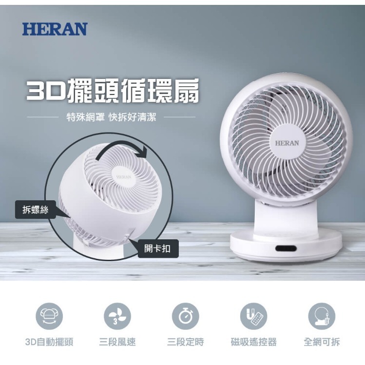 【HERAN】禾聯 9吋 3D大風量快拆抑菌風扇 遙控款 HAF-09CS31A 循環扇-細節圖4