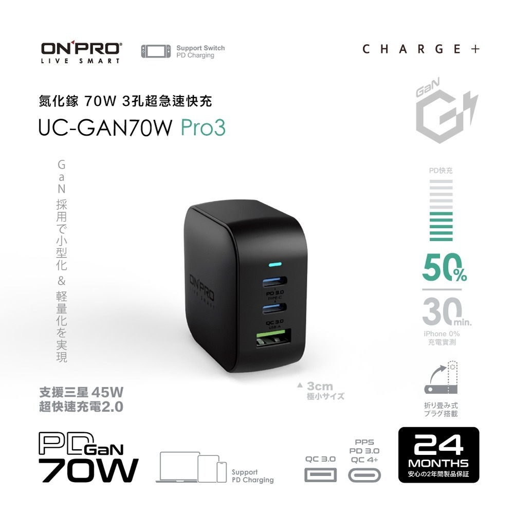 現貨【ONPRO】UC-GAN70W Pro3氮化鎵GaN 70W 3孔PD快充充電器 充電頭 快充頭 支援三星45W-規格圖8