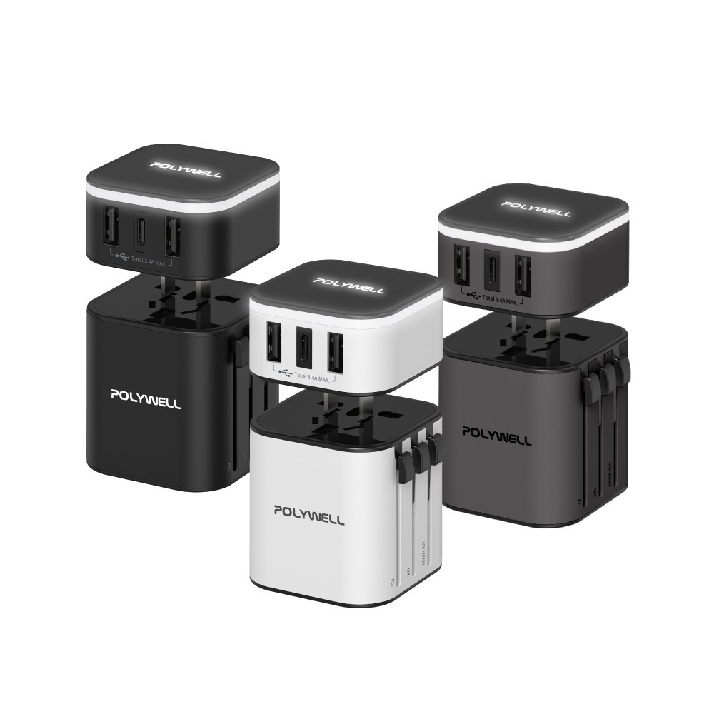 【POLYWELL】多國旅行充電器 轉接頭 二合一 Type-C+雙USB-A充電器 萬國轉接頭 出國用變壓器-細節圖2