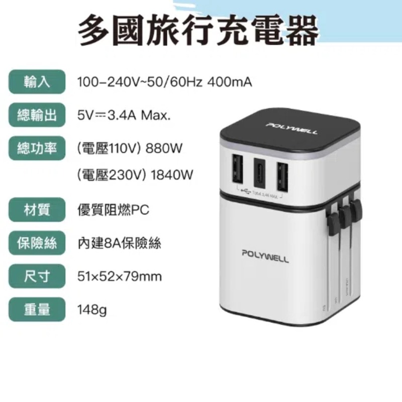 【POLYWELL】多國旅行充電器 轉接頭 二合一 Type-C+雙USB-A充電器 萬國轉接頭 出國用變壓器-細節圖9