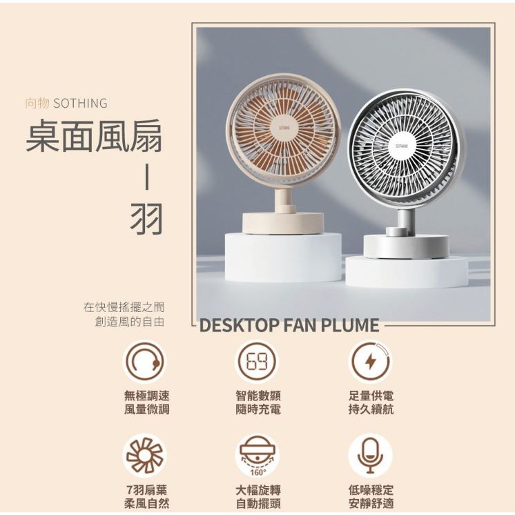 SOTHING向物 數顯搖頭風扇 羽 桌面風扇 USB充電 靜音 長效續航 無極調速 禮物 居家辦公 露營 原廠正品-細節圖3