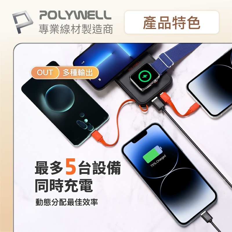 POLYWELL寶利威爾 多合一磁吸無線充行動電源 1萬mAh 可充手機手錶 自帶線行動電源USB Type-C 蘋果線-細節圖7