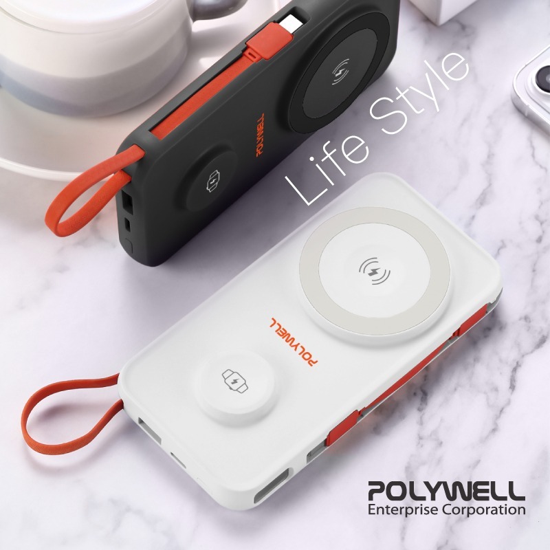 POLYWELL寶利威爾 多合一磁吸無線充行動電源 1萬mAh 可充手機手錶 自帶線行動電源USB Type-C 蘋果線-細節圖11