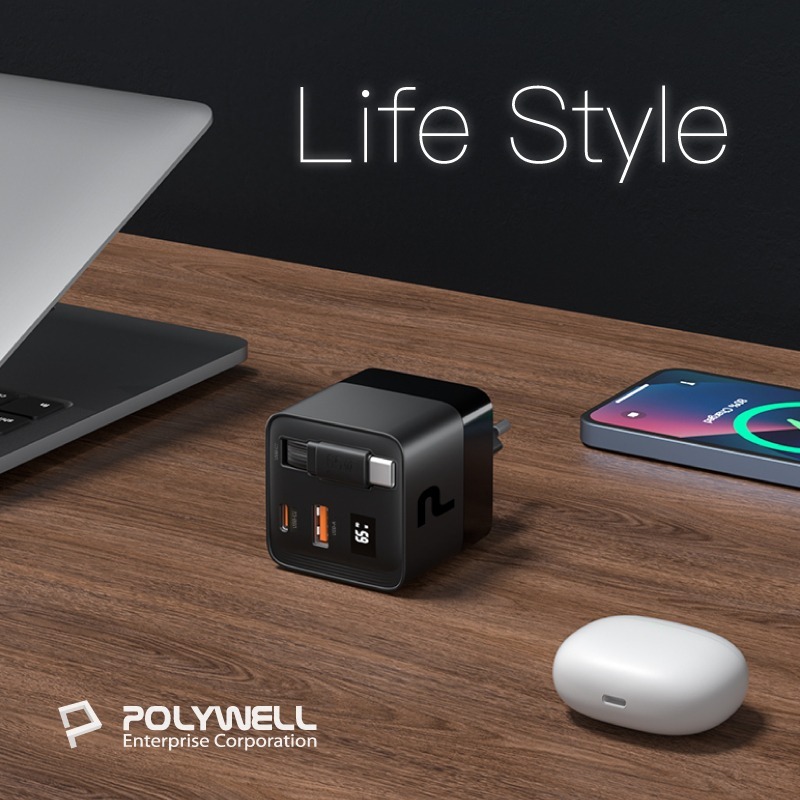 【POLYWELL】寶利威爾 出國必備轉接頭 65W自帶線快充頭 USB-A+C雙孔 Type-C伸縮線 GaN氮化鎵-細節圖11