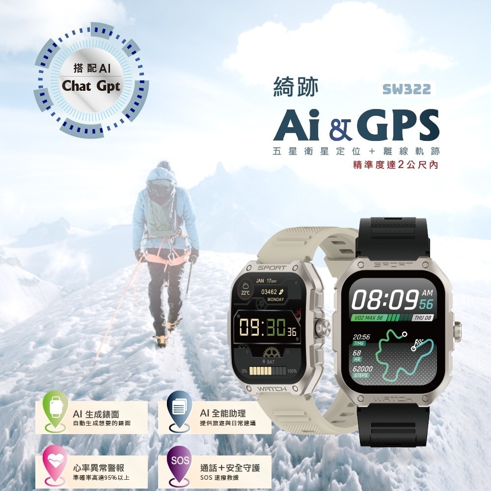 【Ergotech 人因科技】SW322 綺跡 Ai GPS 智慧通話腕錶 1.83吋螢幕 心率血氧 IP68 運動偵測-細節圖8