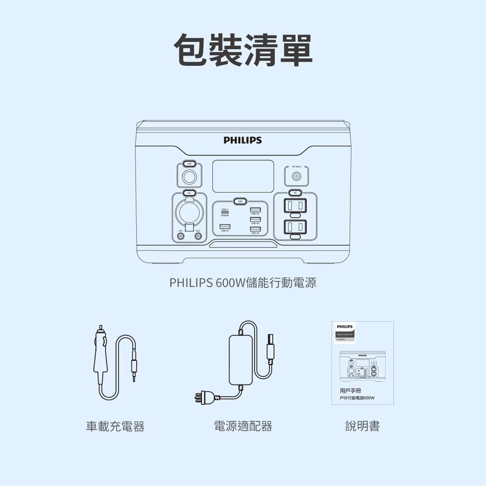 PHILIPS飛利浦 600W儲能行動電源 DLP8093C 1000W 戶外電源 露營電源 移動電源 DLP8092C-細節圖10