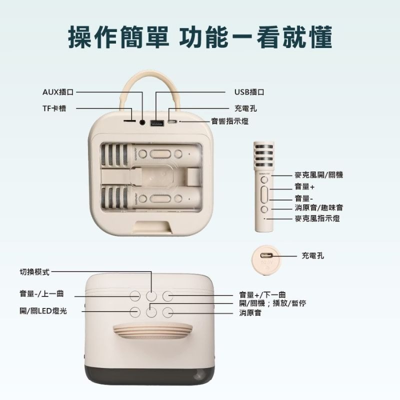 WONDER 旺德 行動KTV藍牙K歌雙麥組 奶茶白 WS-T052U 藍芽喇叭 戶外音響-細節圖10