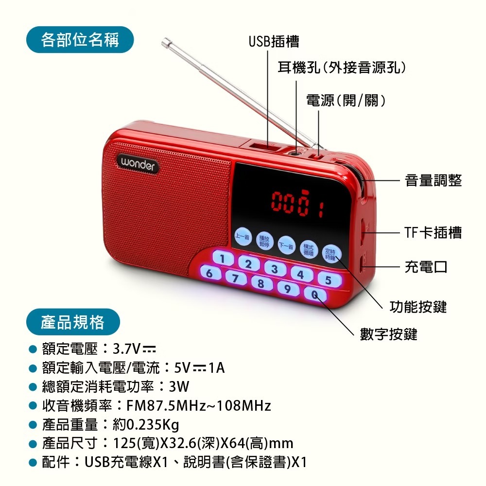 Wonder 旺德 藍牙/USB/TF收音機 WS-T039U 音樂播放器 迷你音響 藍芽收音機 多功能播放器-細節圖11