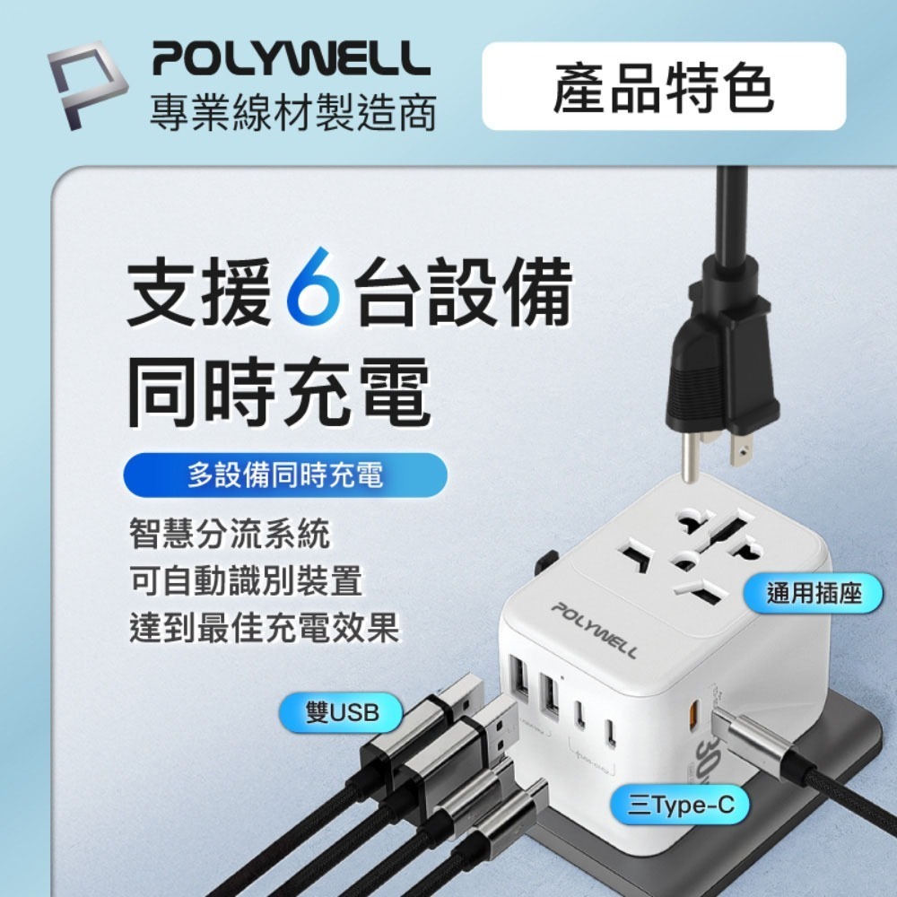 POLYWELL 寶利威爾 多合一萬國轉接頭 旅行轉接插座 30W/45W Type-C+雙USB-A BSMI免驗-細節圖4