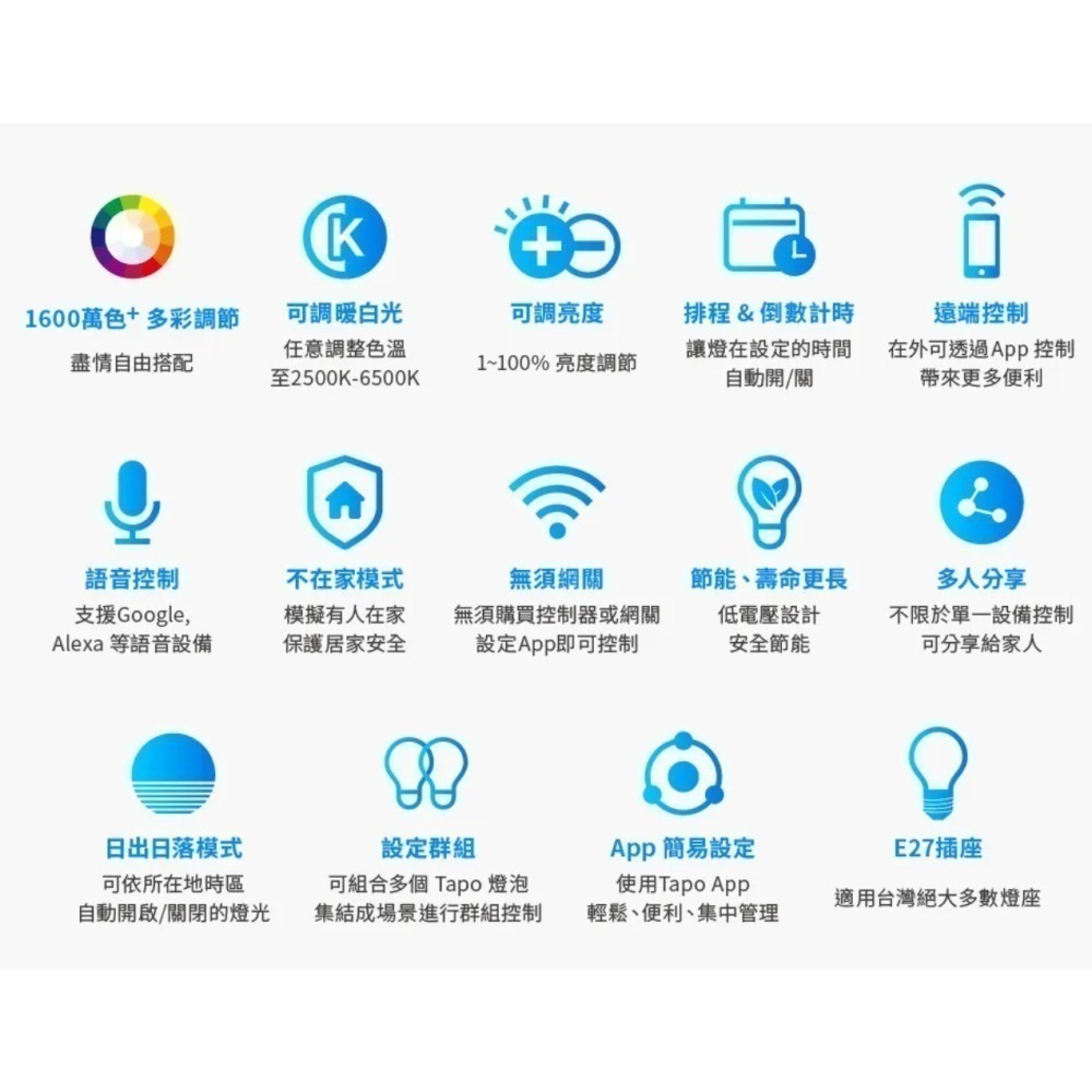 TP-Link Tapo L530E 1600萬色 多彩調節 8.7W 節能LED Wi-Fi 智慧照明-細節圖8