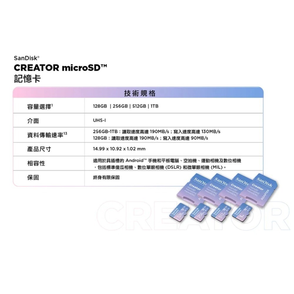 [全新未拆公司貨] SanDisk 晟碟CREATOR microSD UHS-I 記憶卡 256GB-細節圖4