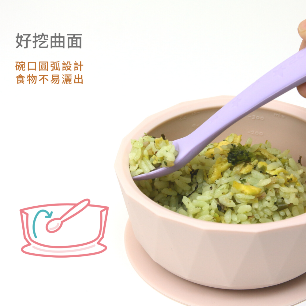 【台灣2angels】矽膠鑽石吸盤學習餐碗 矽膠碗 吸盤碗 寶寶餐具 幼兒餐具兒童碗 副食品碗 矽膠湯匙2入附外出盒-細節圖3
