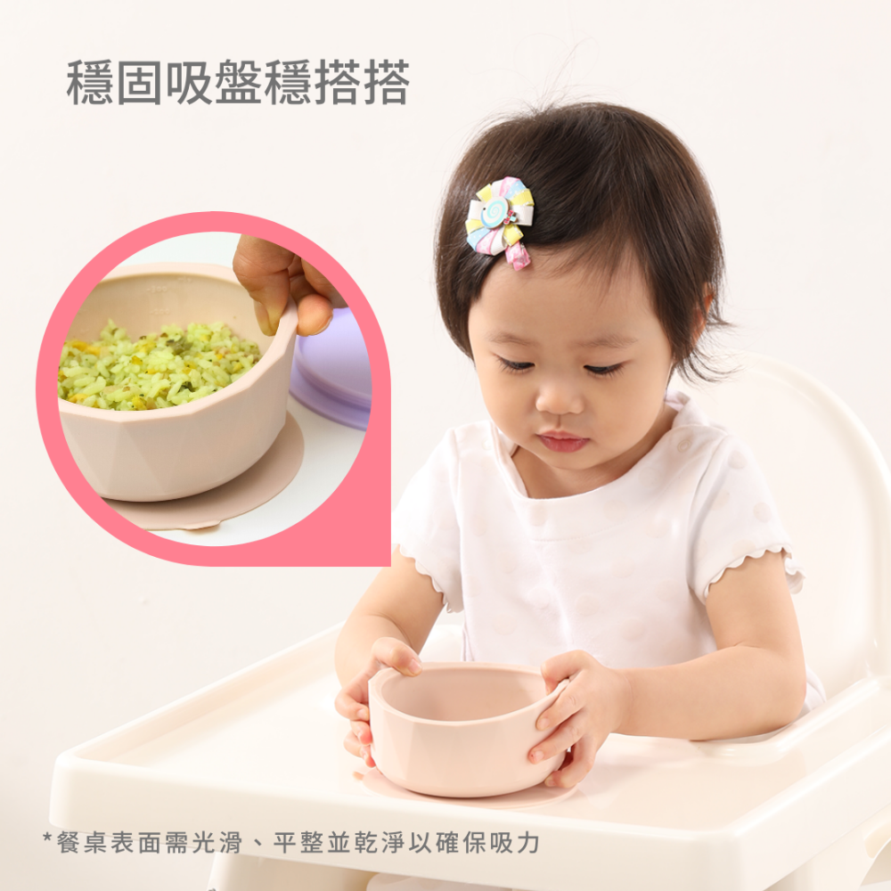 【台灣2angels】矽膠鑽石吸盤學習餐碗 矽膠碗 吸盤碗 寶寶餐具 幼兒餐具兒童碗 副食品碗 矽膠湯匙2入附外出盒-細節圖7