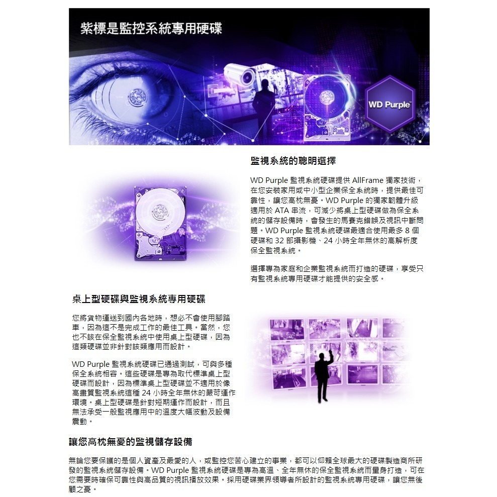 【附發票】1T-8T WD紫標監控專用硬碟保固3年 3.5吋SATA 錄影主機低溫儲存 就是這個光玩美推薦監視器-細節圖4