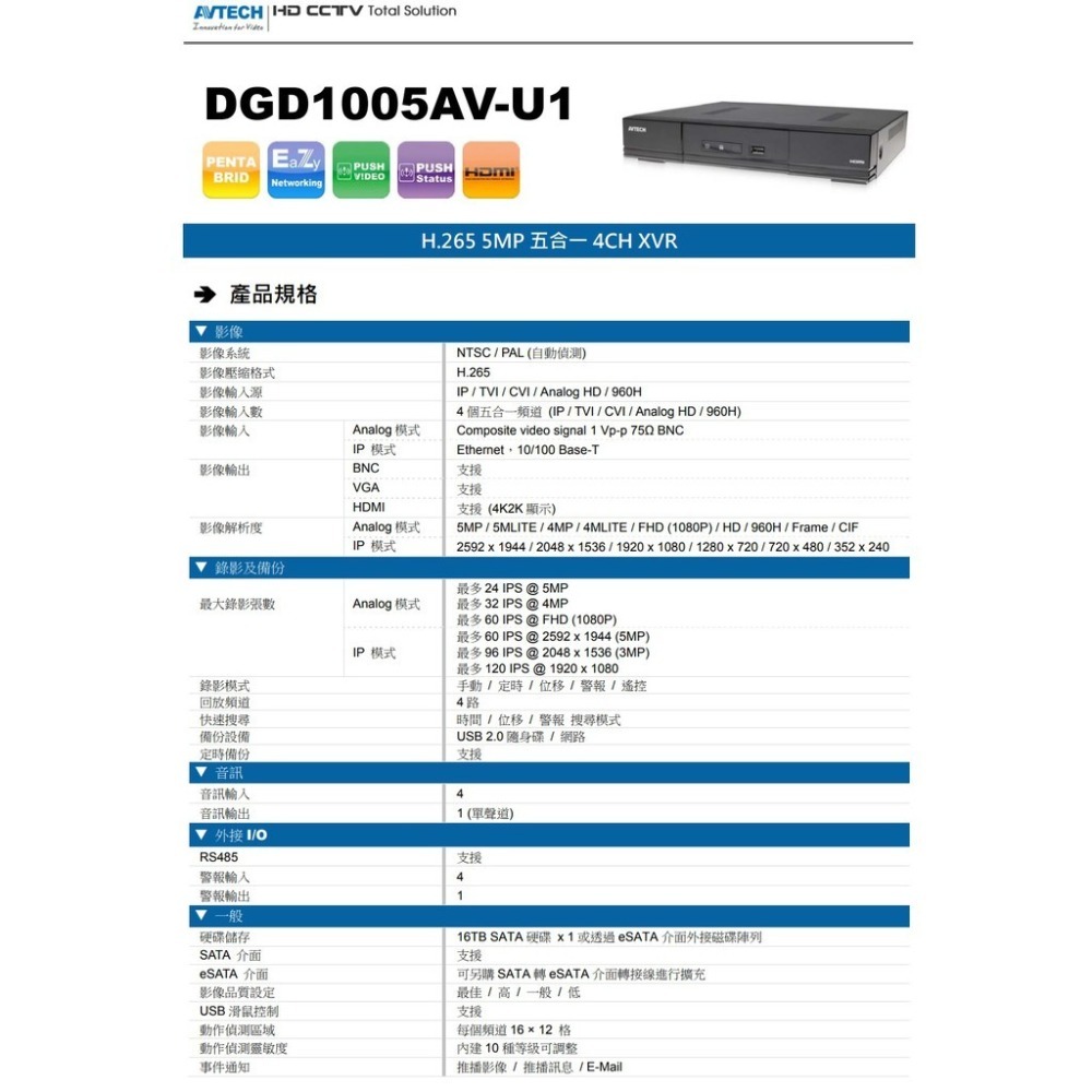【警報推播】4路8路500萬H265台灣陞泰AVTECHDVR(支援捲門控制器) XVR 就是這個光玩美推薦監視器-細節圖8