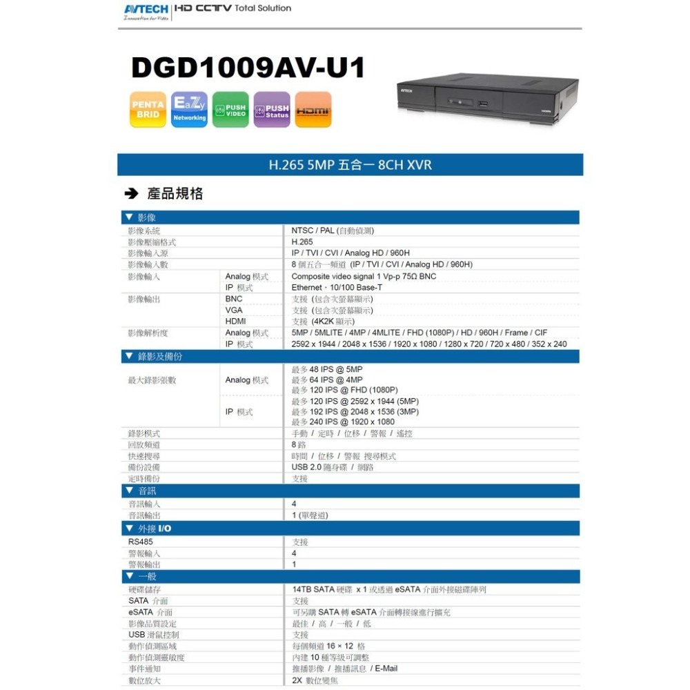 【警報推播】4路8路500萬H265台灣陞泰AVTECHDVR(支援捲門控制器) XVR 就是這個光玩美推薦監視器-細節圖9