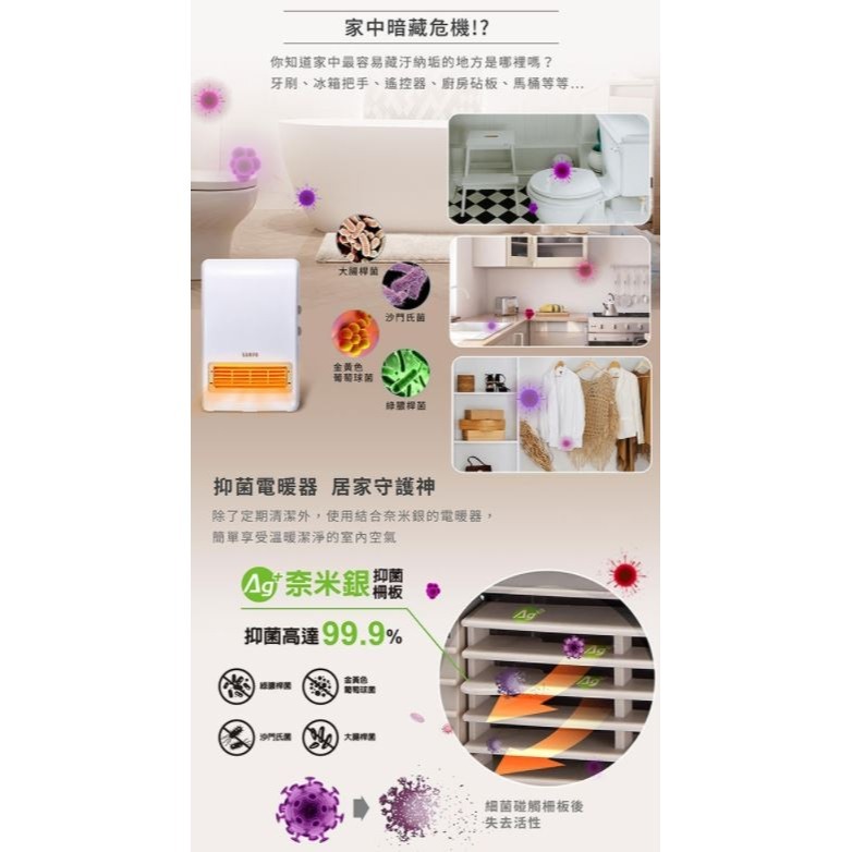 SAMPO聲寶 可壁掛陶瓷防水 浴室/臥房兩用奈米銀抑菌電暖器/電暖爐 HX-FK12P [A級福利品‧數量有限]-細節圖3