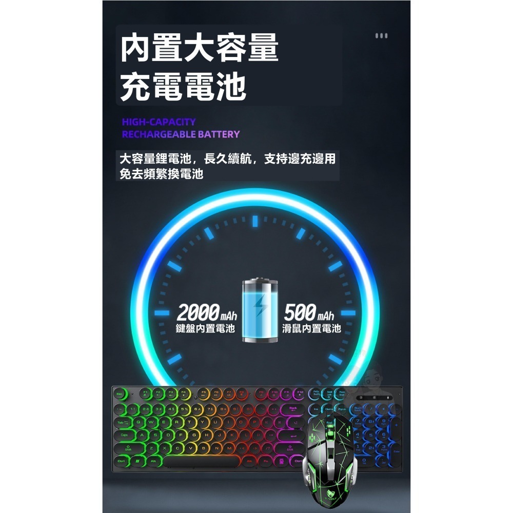 【方形鍵盤 RGB電競無線鍵鼠組】發光 電腦 電競 滑鼠 鍵盤 RGB 呼吸燈 炫酷跑馬燈 鍵鼠組-細節圖2