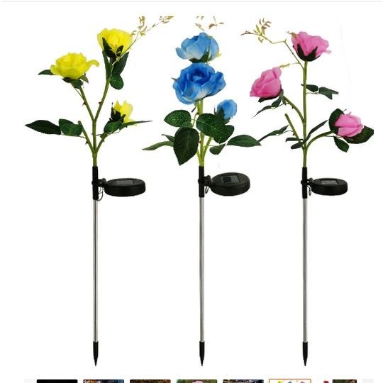 🇹🇼四月科技能源🍀光控太陽能燈 太陽能花燈玫瑰3頭庭院花園燈地插草坪燈景觀A0193-3-細節圖2