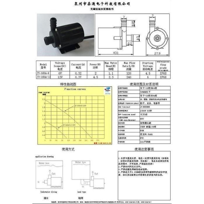 ☆四月科技能源☆迷你無刷直流小水泵微型泵JT160DC6-12v揚程1.8M 280L/H無刷C030[016-8]-細節圖6
