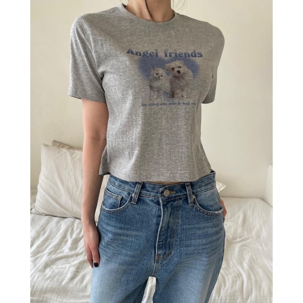 【現貨-灰】貓狗好朋友 短版上衣TEE-細節圖2