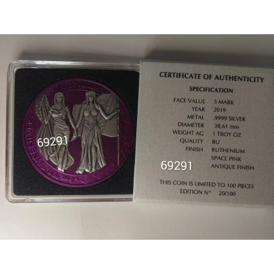 售價8500元~德國雙女神太空粉紫鍍釕仿古彩色盎司~限量100枚，銀幣，限量銀幣，銀幣，紀念幣，錢幣，幣~德國雙女神銀幣