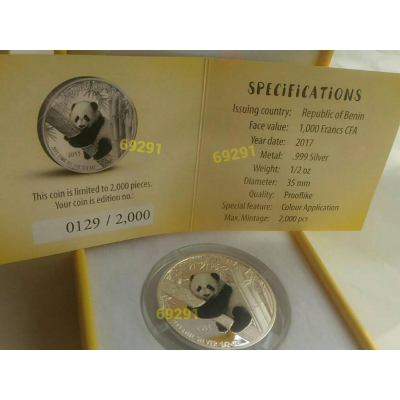 售3500元~貝南熊貓銀幣1/2盎司~限量2000枚，熊貓銀幣，貓熊銀幣，銀幣，錢幣，紀念幣，幣~熊貓銀幣0.5盎司