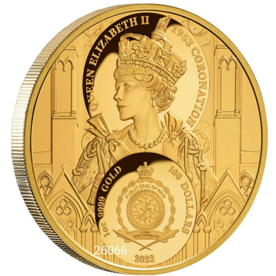 售135000元全球限量150枚~2023英女王加冕70週年與查爾斯國王加冕紀念金幣一盎司~正面為英女王70年前登基頭像