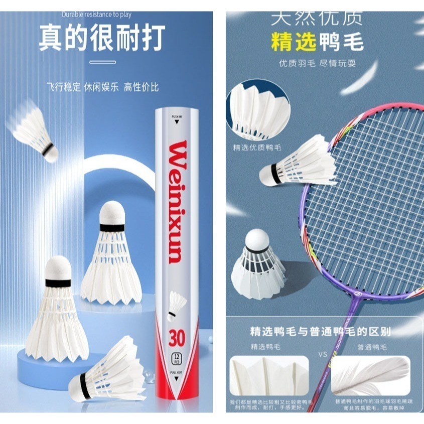 ~子甄彣璟~羽毛球 12只裝 飛行穩定 娛樂訓練球 訓練用球 耐打不易爛 鴨毛球 軟木球 練習 羽球-細節圖8