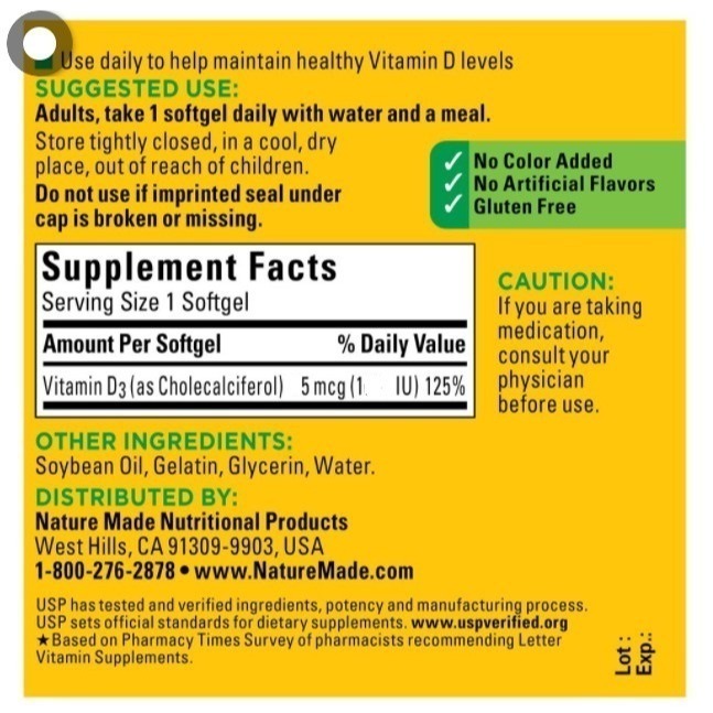 【現貨(2026/10)] 美國 Nature Made 萊萃美維他命D3-1000iu，膠囊100粒-細節圖3