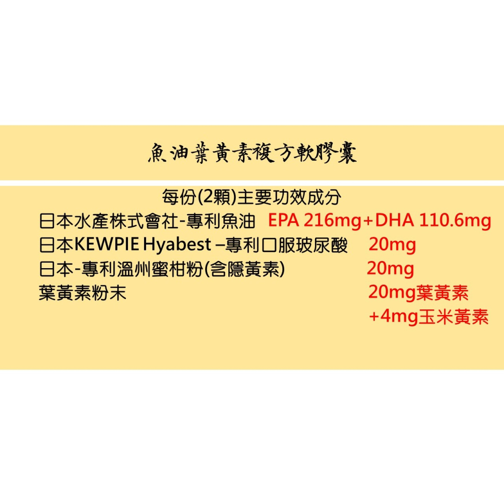 魚油葉黃素複方軟膠囊 日本專利魚油(EPA、DHA) 葉黃素 日本KEWPIE 口服玻尿酸 日本專利蜜柑粉 60粒/袋-細節圖2