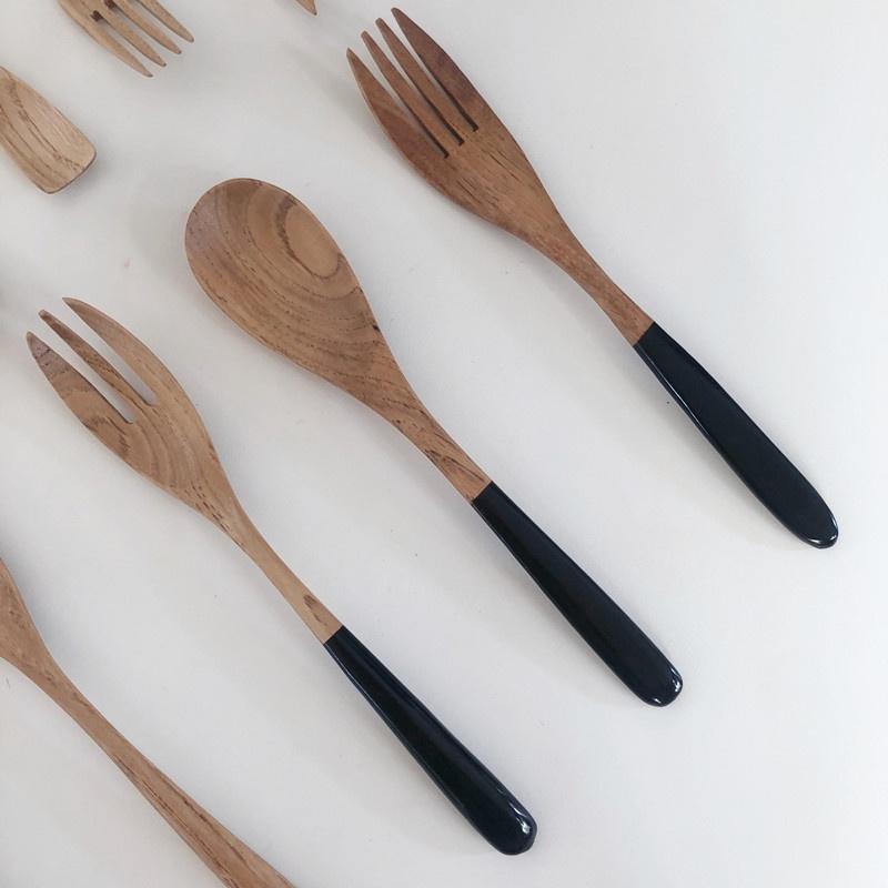 現貨稀！19／23.5CM實木栗木湯匙環保餐具黑白上漆木勺筷套裝【CH523】-細節圖2