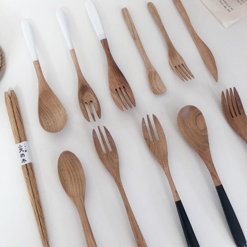 現貨稀！19／23.5CM實木栗木湯匙環保餐具黑白上漆木勺筷套裝【CH523】-細節圖5