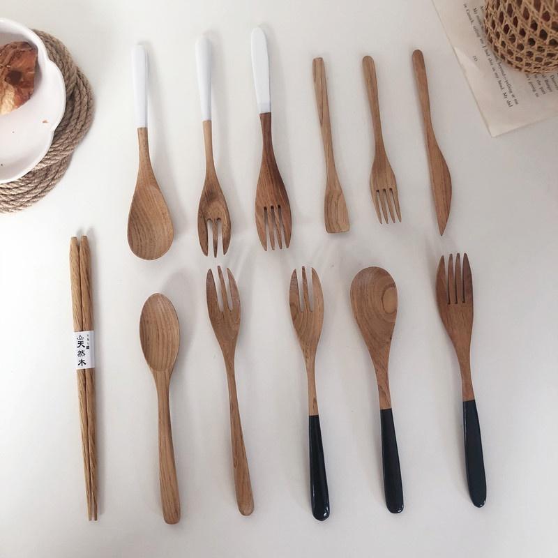 現貨稀！19／23.5CM實木栗木湯匙環保餐具黑白上漆木勺筷套裝【CH523】-細節圖6