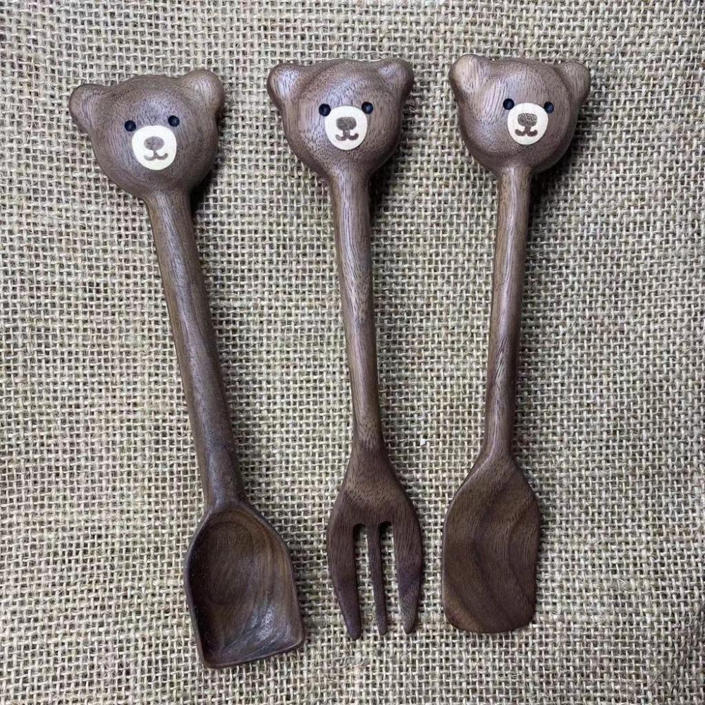 17CM小熊餐具木勺~黑胡桃木日式ins果醬鏟蜂蜜可愛手作木勺迷你木鏟木叉子【CH546】-細節圖4