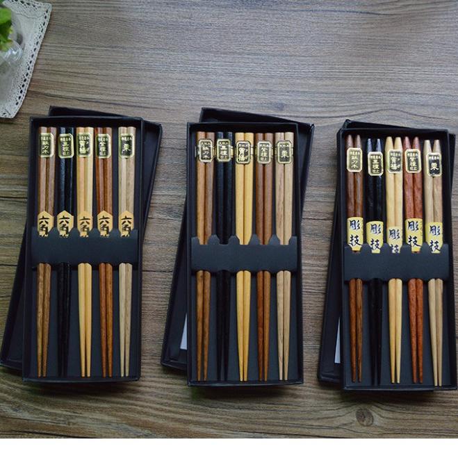 現貨！22.5CM尖頭五色木筷禮盒組~ 五雙裝三角筷、六角筷、八角筷日式尖頭禮品日韓筷子套裝【CH317】-細節圖2